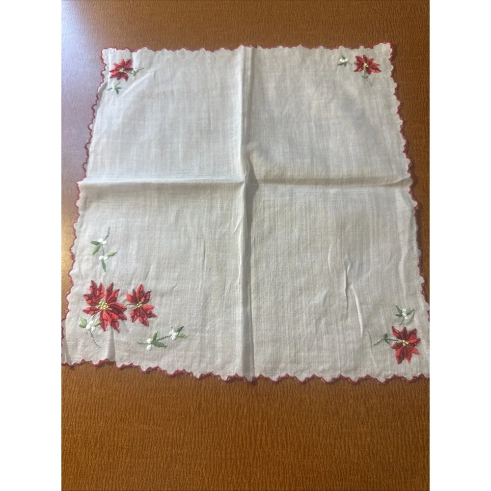 Vtg Embroidered Christmas Pointsetta Cotton handkerchief Unused